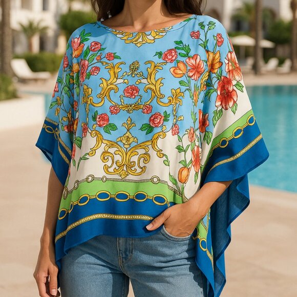 Belle Kim Gravel Floral & Chain Print Pullover Poncho Blouse | Blue Multicolor M - Picture 1 of 9